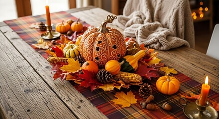 Autumnal table setting with pumpkins gourds and candles for fall decor