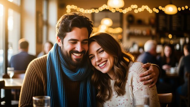 Happy couple embracing in cozy restaurant - Powered by Adobe