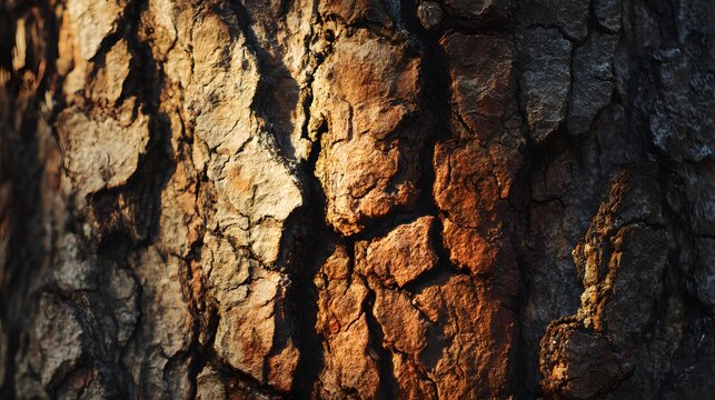 Close-up of rugged tree bark illuminated by golden sunlight and deep shadows. - Powered by Adobe