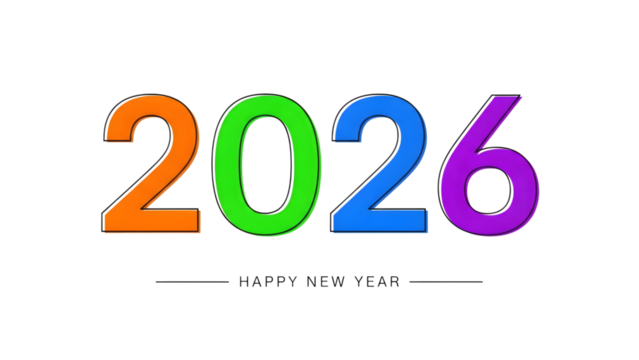 Colorful 2026 numerals isolated on transparent background