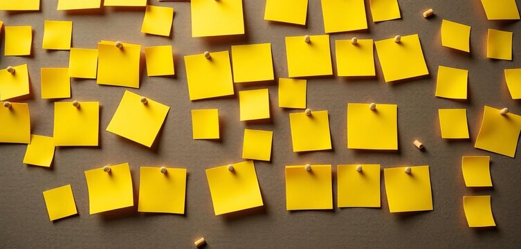 Bright yellow sticky notes on a corkboard, close-up view, sticky notes,  office supplies