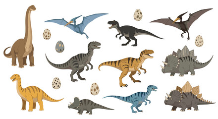 Obraz premium A vibrant collection of diverse prehistoric dinosaurs and dinosaur eggs on a white background, featuring various species and sizes.