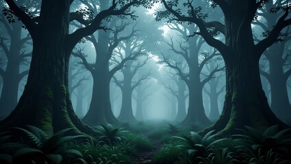 Misty forest path with ancient trees and sunlight