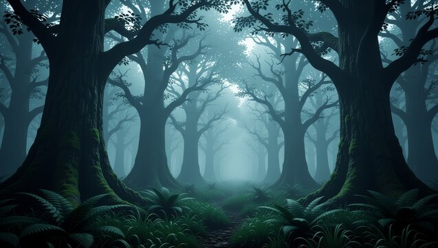 Misty forest path with ancient trees and sunlight - Powered by Adobe