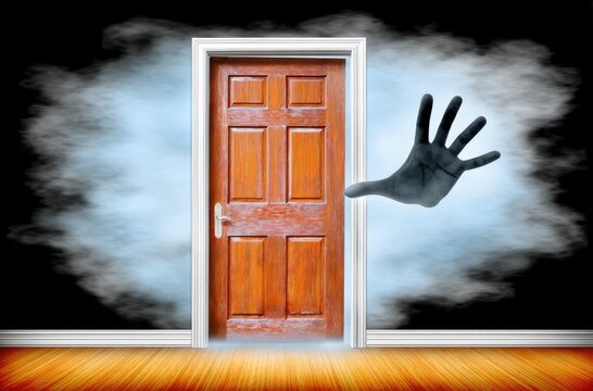 Eerie Doorway with Ghostly Hand Emerging from Smoke.