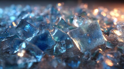 Close-up of sparkling blue ice cubes with warm light reflections, creating an abstract and vibrant texture.