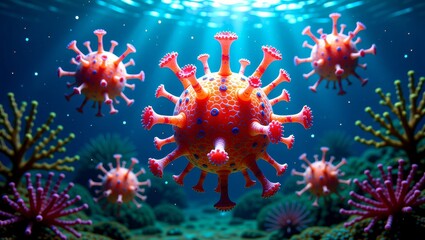 Virus particles floating underwater with coral