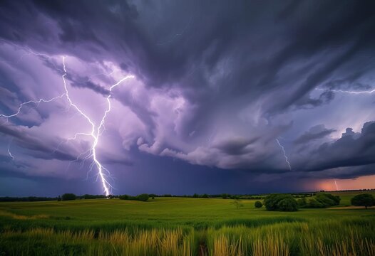 Dark storm clouds brewing, powerful lightning bolts illuminating the landscape, rage, thunder - Powered by Adobe
