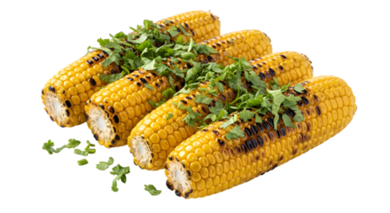 Golden grilled corn on the cob garnished with fresh green herbs.