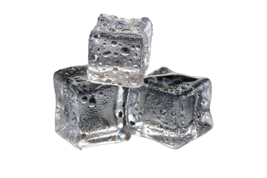 Three ice cubes with water droplets. Ice cubes stacked. Clear ice cubes. Close-up of ice cubes isolated on transparent background
