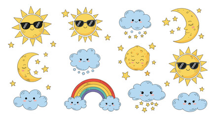An adorable collection of cartoon weather and celestial elements featuring smiling suns, moons, clouds, stars, and a rainbow.