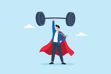 Flat illustration of businessman superhero confidently lifting heavy barbell with one hand symbolizing inner strength leadership power resilience determination ambition and success mindset