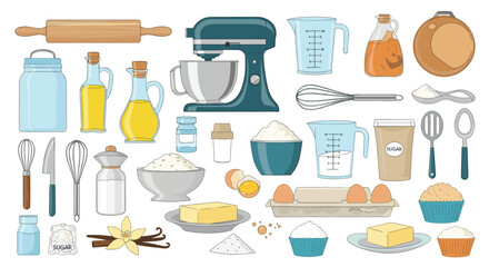 An extensive collection of baking tools and fresh ingredients, including a stand mixer, rolling pin, flour, eggs, and butter, perfect for homemade desserts.