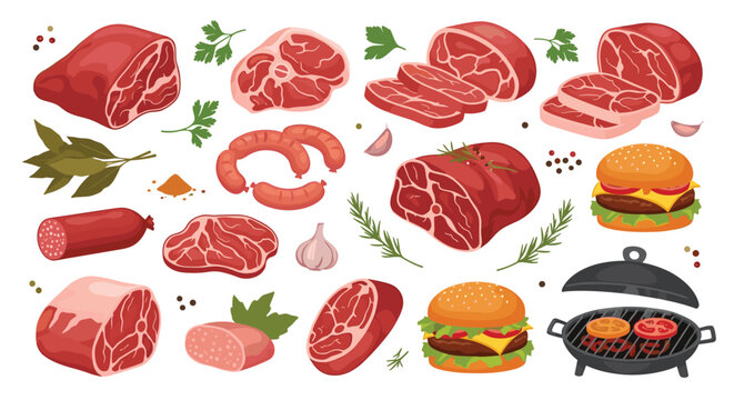 Assortment of fresh raw meat cuts, sausages, burgers, and grilling equipment with herbs and spices on a white background.