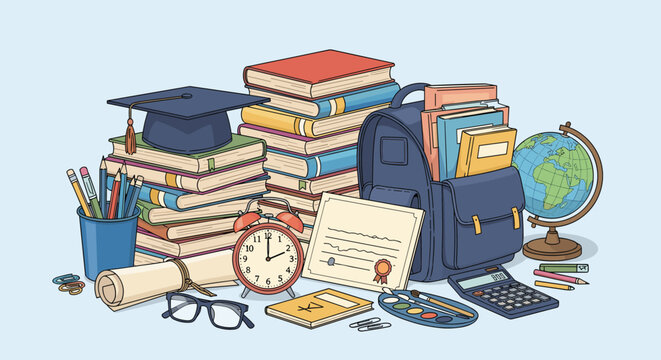 A vibrant collection of educational tools and school supplies, including books, a graduation cap, backpack, and globe, symbolizing learning and academic success.