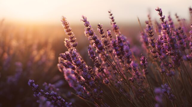 Close-up of vibrant purple lavender flowers blooming in a field at sunset, bathed in warm golden light. - Powered by Adobe