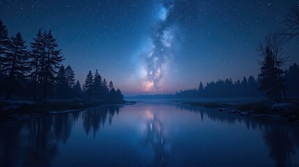  Milky Way galaxy rising over forest river at night with starry sky and tree silhouettes reflected in calm water, mystical blue hour landscape