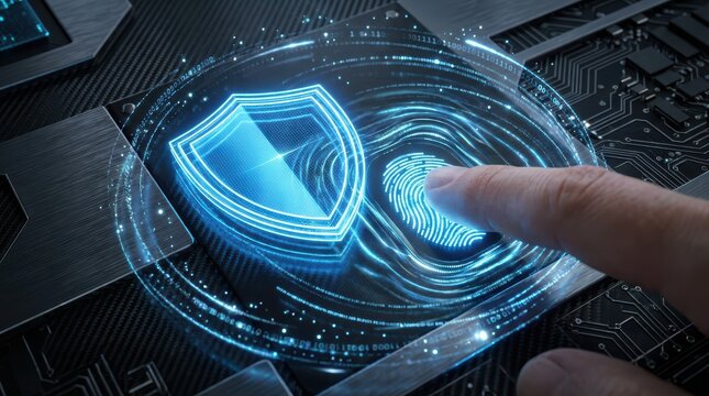Cyber Security Concept: Hand Touching Digital Fingerprint Scan With Glowing Blue Shield Protection Over Circuit Board