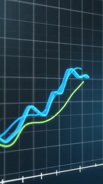 A dynamic close-up shows ascending and declining colored lines on a graph background