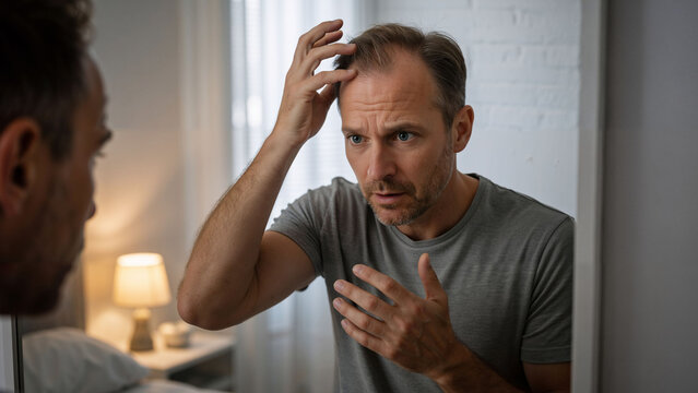 Caucasian man looking in mirror and worrying about hair loss. Concept of male pattern baldness, alopecia, and hair treatment for advertising.