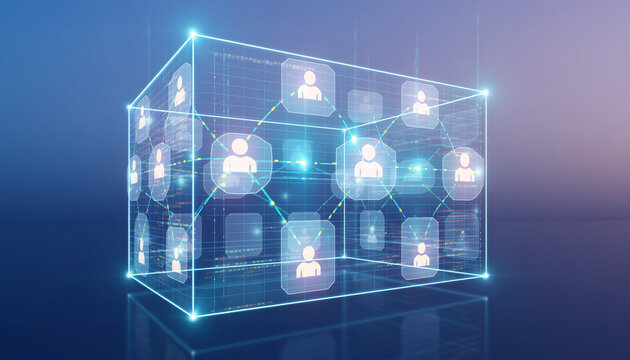 Digital Social Network Cube: Futuristic digital social network cube showcases interconnectedness. Illustrating global communication, networking and digital community. 