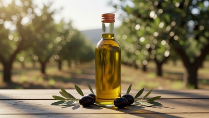 Olive oil bottle with olives in olive grove