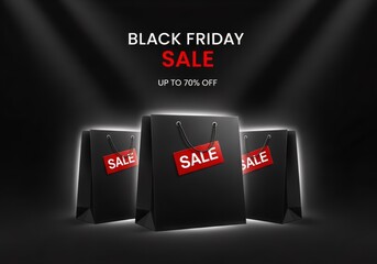 Black shopping bag with sale tag. Black Friday sale banner design with up to 70 percent off discount for promotion poster. Marketing and advertising commercial concept.