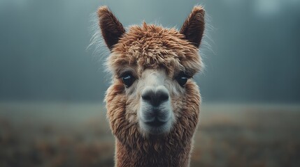 Obraz premium Close-up Portrait of an Alpaca with Brown Fur Looking Directly at the Camera.