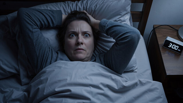 Woman on bed with wide open eyes, unable to sleep, feeling stressed and anxious late at night. Insomnia problem. Sleep disorder concept.