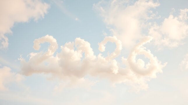 Dreamy 2026 cloudscape against a soft blue sky evokes hope and optimism for the future year ahead, perfect for New Year's promotions