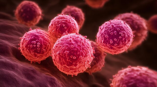 Close-up view of multiple pink and red microscopic cells, possibly cancer cells or bacteria, on a dark background. - Powered by Adobe