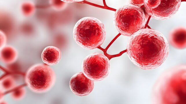 Close-up view of red blood cells or human cells under a microscope, representing medical and biological research. - Powered by Adobe