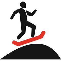 Stylized Graphic of a Black Silhouette Figure Snowboarding on a Red Board Over a Black Hill Against a White Background