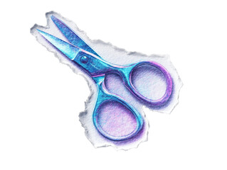 Blue and purple gradient scissors sticker with torn edges on a transparent background