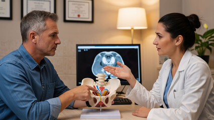 Man consulting with a woman doctor about male reproductive health using a pelvic anatomy model. Medical educational and diagnostic concept.
