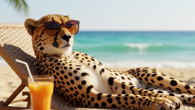 Cheetah relaxing on beach chair with ocean view