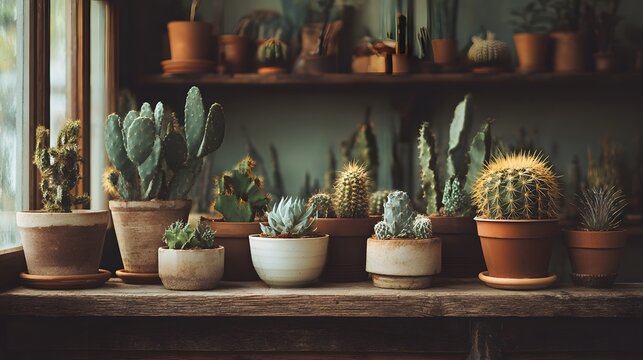Collection of potted cacti and succulents on a rustic wooden shelf indoors.