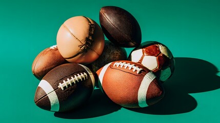 Collection of various sports balls including footballs and soccer balls on a vibrant green background.