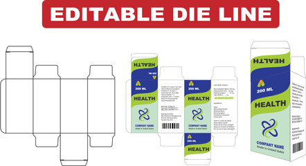 Editable Product Packaging Box Dieline Template – Clean Vector Layout with Front, Back, and Side Panels – Modern Blue and Green Health Label Design – Print-Ready Box Mockup for Branding