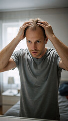 Caucasian man with a receding hairline looking in the mirror, concerned about hair loss. Concept of male pattern baldness and hair care.
