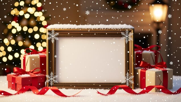Christmas frame with gifts and snowflakes