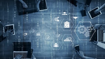 Business management system showing teamwork, productivity, and planning. Management supports goal, management tracks progress, management improves teamwork, and enhances productivity. Marrow