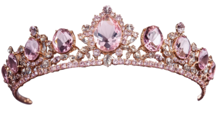 Pink tiara with sparkling decorative elements featuring elegant jeweled structure suitable for beauty and fashion themes isolated on white background