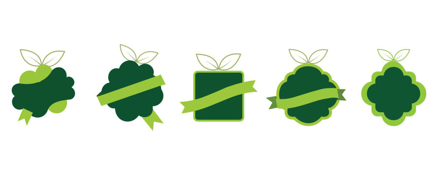 Set of five green organic labels or tags with ribbons and leaf accents, perfect for natural product branding, ecofriendly designs, or promotional badges