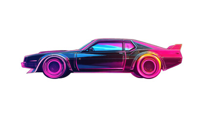 Naklejka premium Retro neon classic car illustration featuring glowing vibrant lines and vintage retro-style vehicle artwork isolated on white background