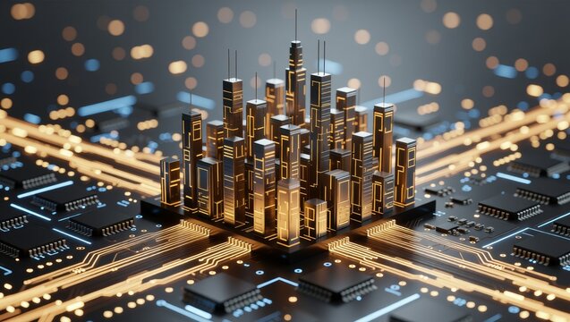 Futuristic city skyline on circuit board
