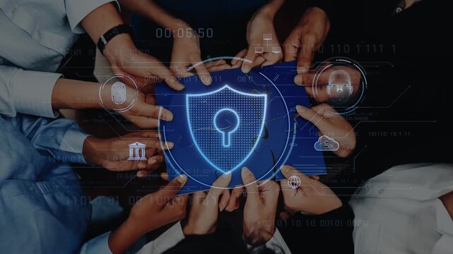A diverse group of hands comes together around a glowing shield, representing teamwork in advancing cybersecurity measures to protect sensitive information in today digital era. Raster