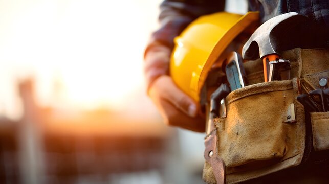 Construction worker with hard hat and tool belt at a job site.