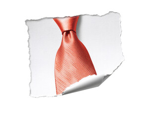 Red tie on a torn paper isolated on transparent background