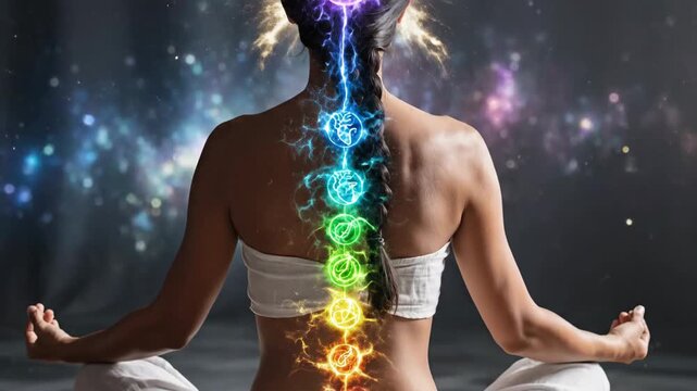 Meditating woman shown from the back with glowing chakras on her spine against a bokeh background